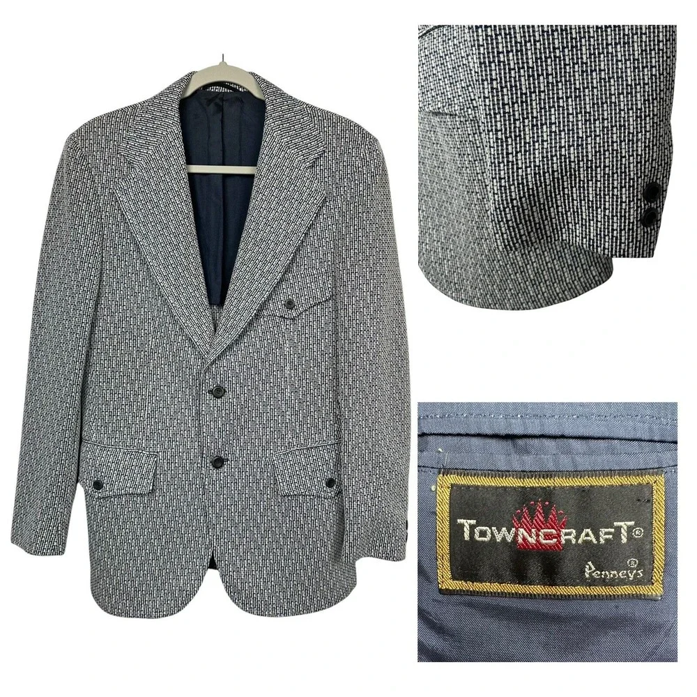 VTG 70s Pennys Towncraft Blazer 36R Blue Tweed Leisure Jacket Coat Disco Western